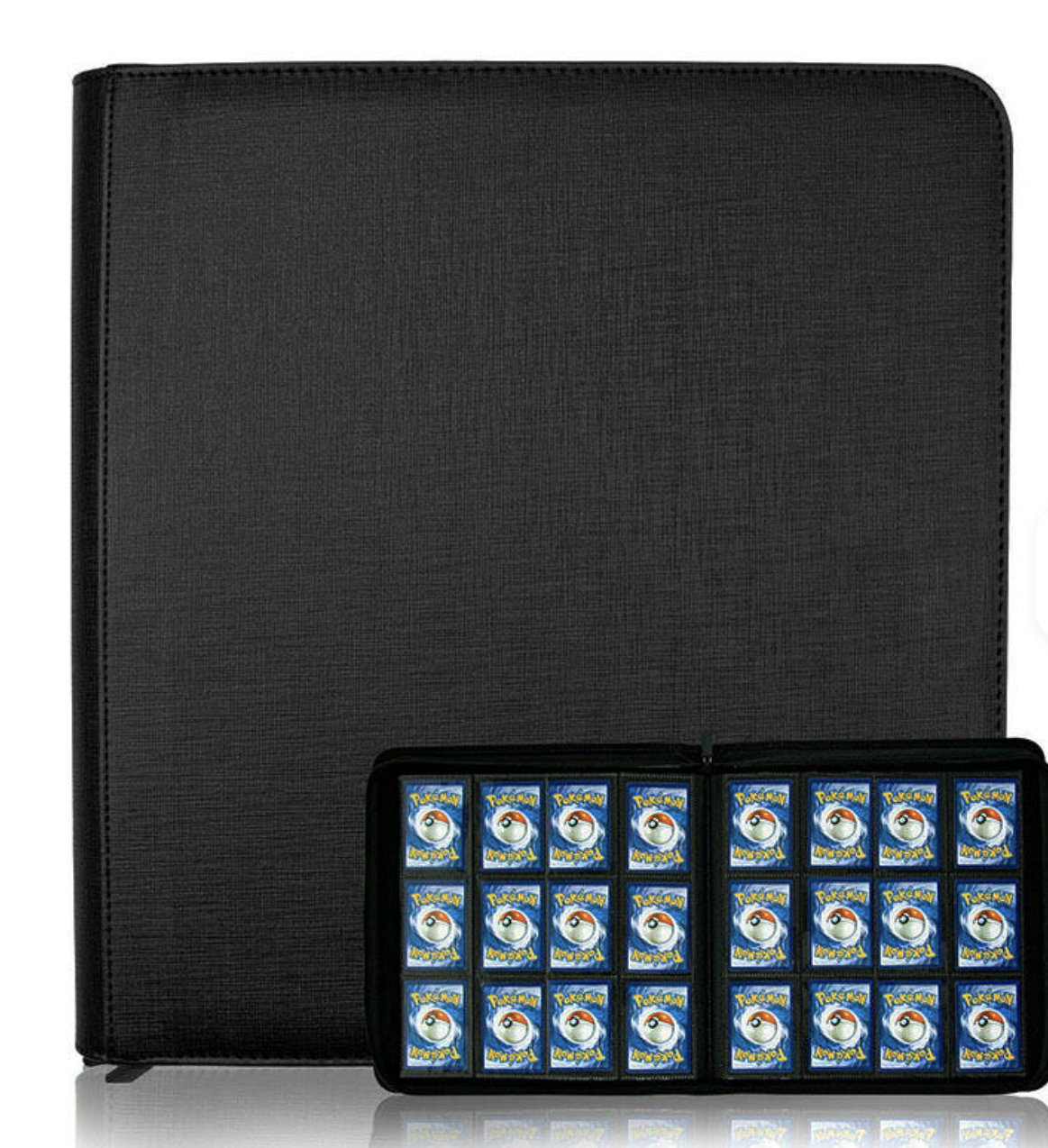 Matte black Pristine Armor zipper binder shown closed beside an open 12-pocket page
